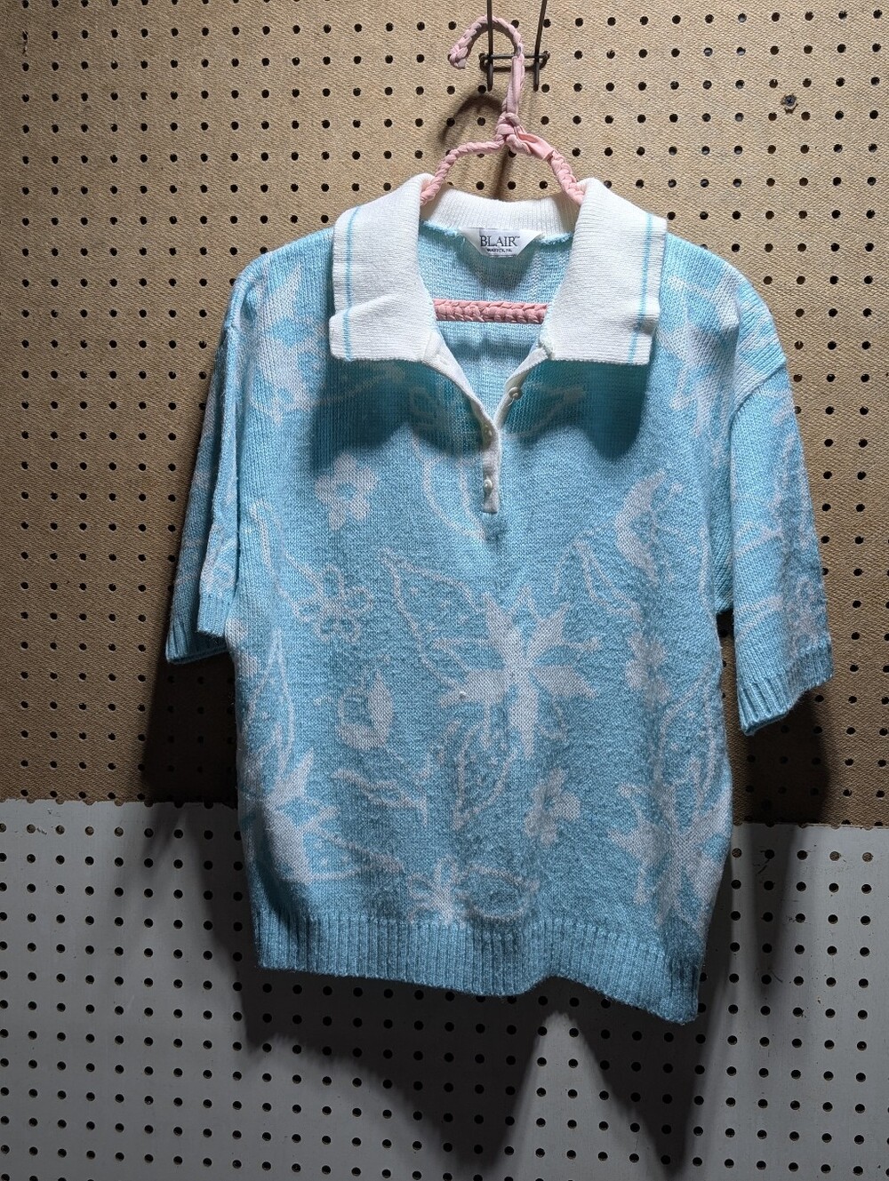 Vintage 80s BLAIR Floral Knit Polo Shirt Pastel Blue Cottagecore Grandma S/M